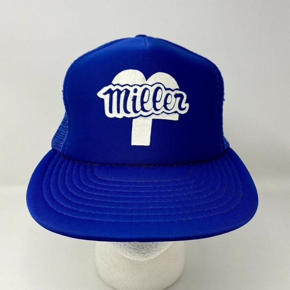 VTG Miller Trucker Snapback Hat Blue Foam Mesh SportCap Printmaster Foamtex‎